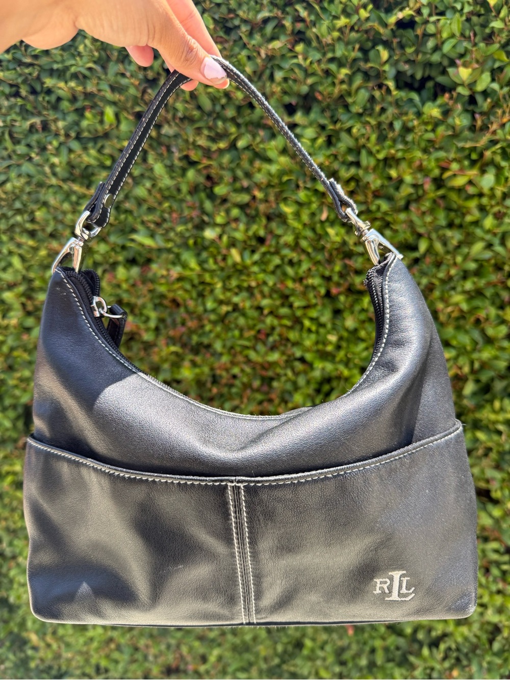 Vintage Y2K Ralph Lauren Black Leather Shoulder Bag Minimalist Baguette Purse